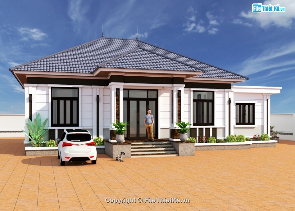 nhà vườn 1 tầng,nhà 1 tầng mái nhật,nhà vườn 1 tầng 4 phòng ngủ,file cad nhà 1 tầng,nhà 1 tầng 12x19.5m